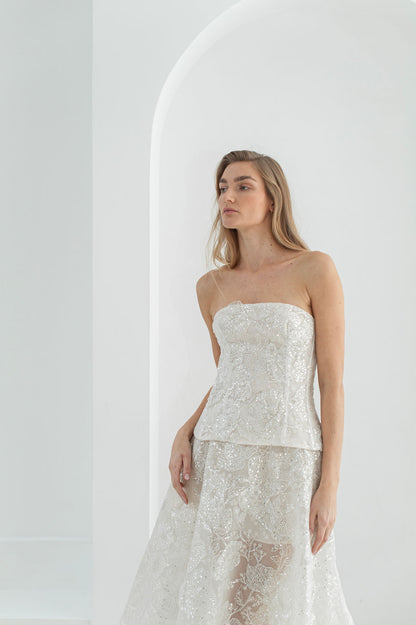 3D embellished lace corset  wedding dress in champagne . Handmade couture gown for modern bride 