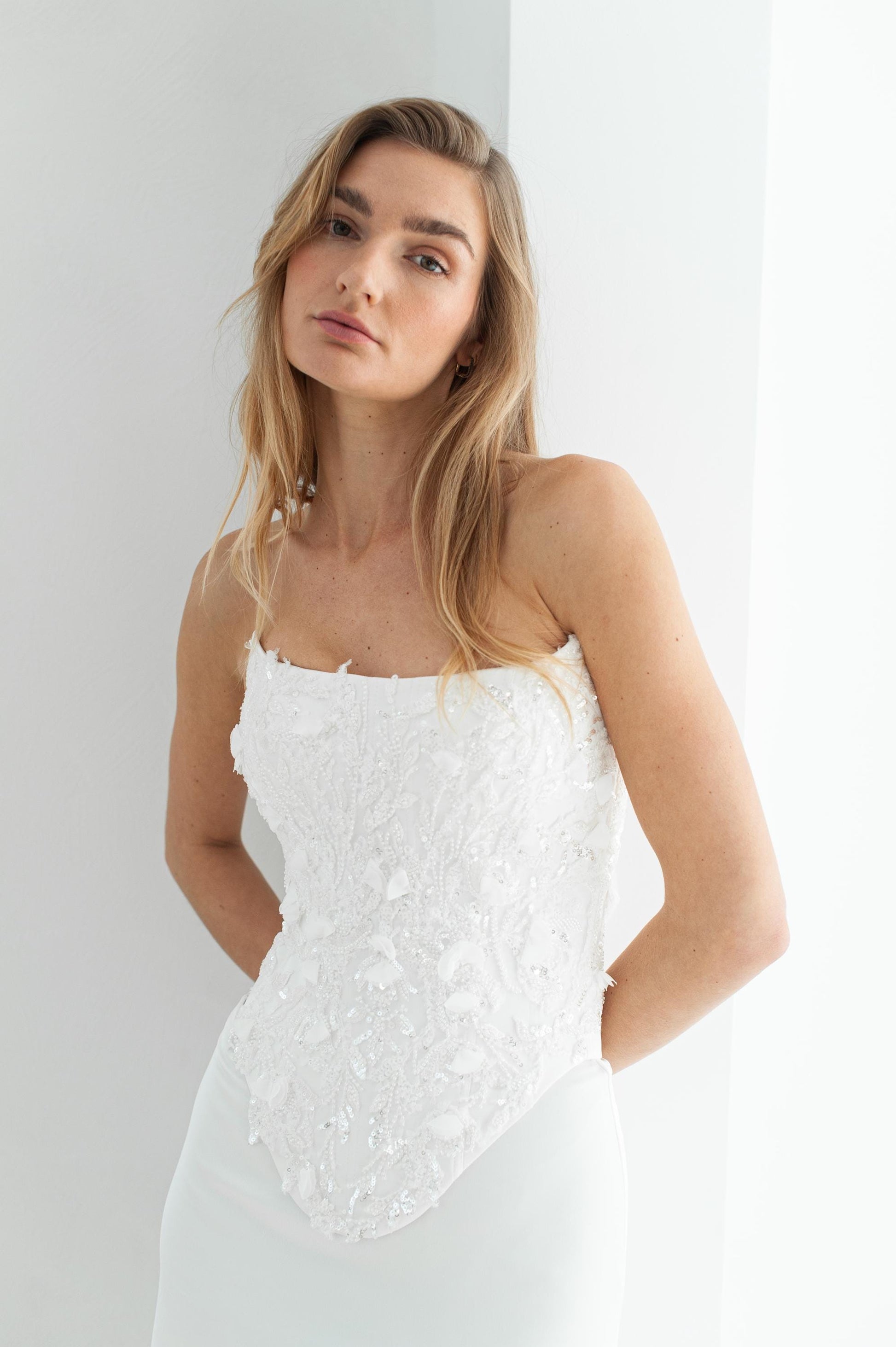 Wedding Reception dress with crescent neckline 3D lace corset in ivory
