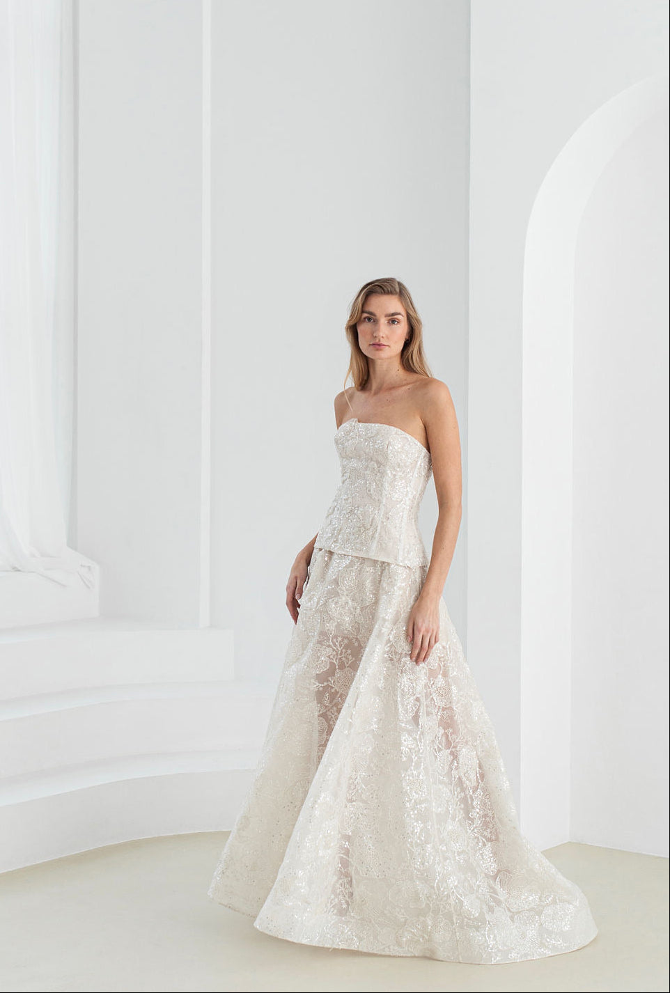 3D embellished lace wedding dress with corset, created for wedding ceremonies and as a second wedding dress, in champagne