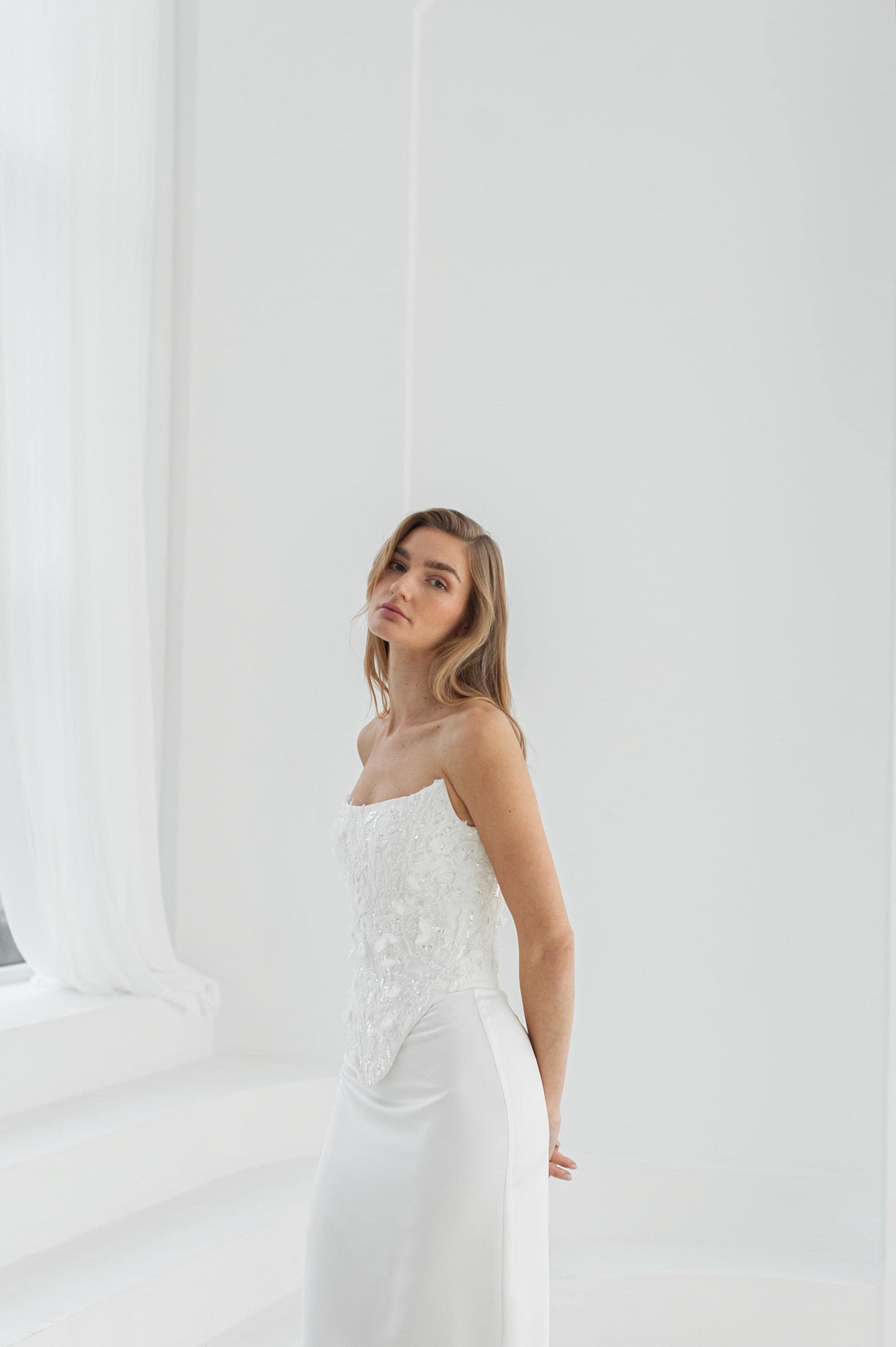 Two piece lace wedding dress with hand detailed lace corset for civil weddings and receptions