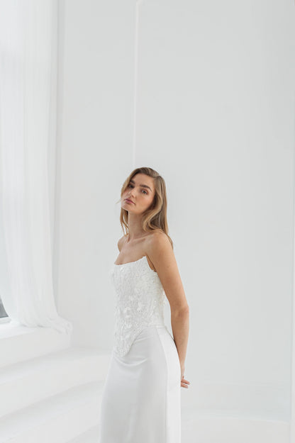 Two piece lace wedding dress with hand detailed lace corset for civil weddings and receptions