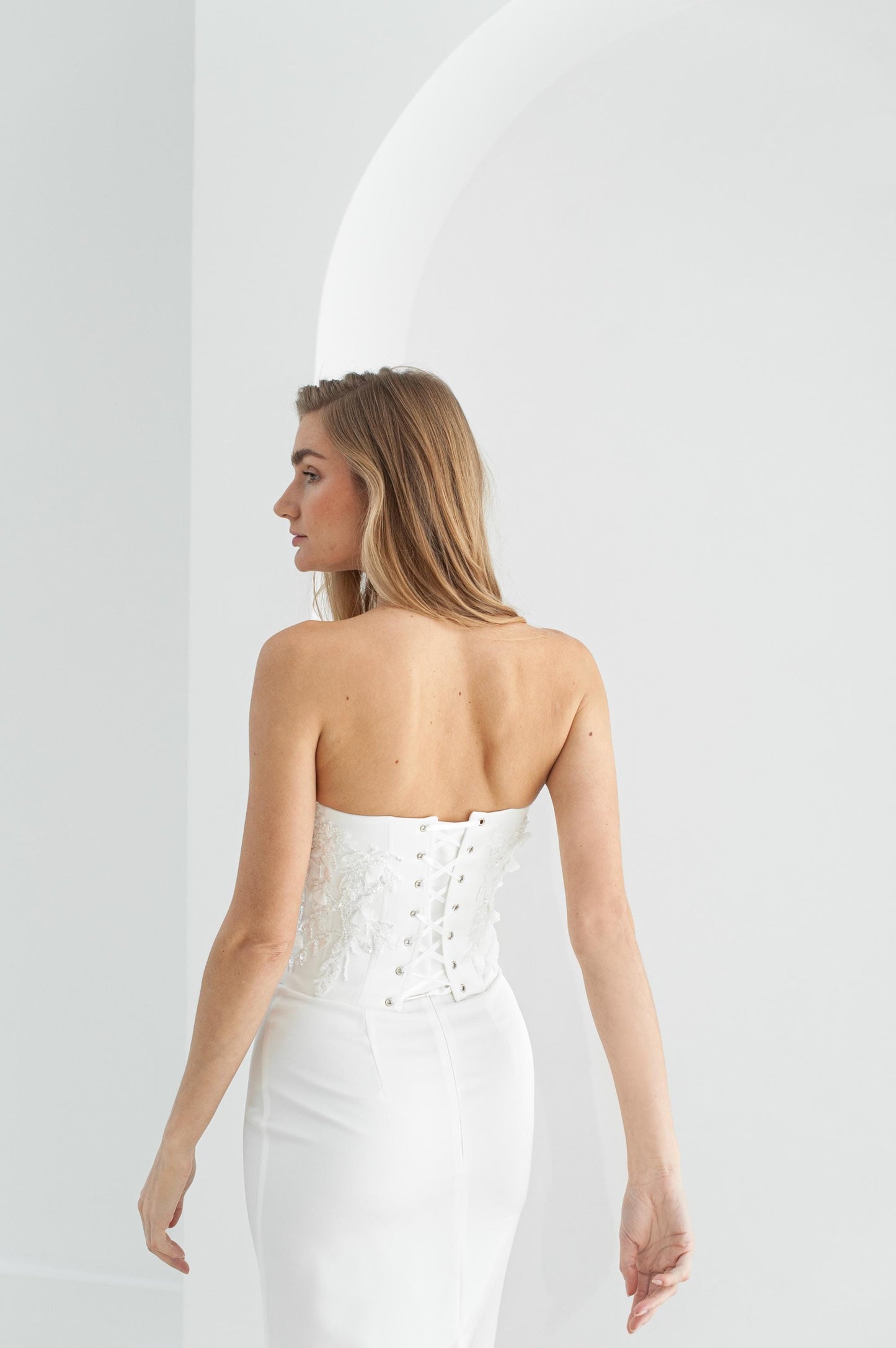 long bridal dress for second wedding  look or evening reception with lace up back corset