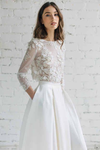 Long sleeve bridal lace top with intricate 3D floral appliqués and beading, perfect as a wedding dress cover-up for civil ceremonies, receptions, or second wedding layers.